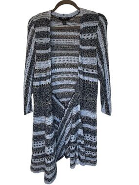 Style & Co. Blue and White Open-Front Striped Crochet Cardigan